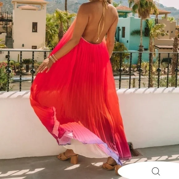 SOLD - Pleated OMBRE HALTER MAXI DRESS - PINK RED - Picture 7 of 9